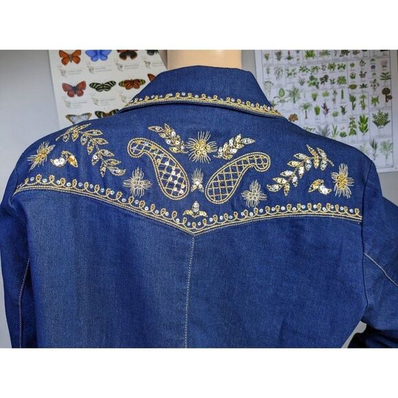 Vintage 90s Victor Costa Jean Jacket Western Sequin Denim Rodeo Dark Size S - Picture 6 of 12